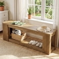 thumbnail image 3 of Finmind 63" Long Entryway Bench, Farmhouse Entry Shoe Bench with Storage Shelf, Wooden End of Bed Seat for Bedroom, Hallway, Living Room, Light Brown, 3 of 8