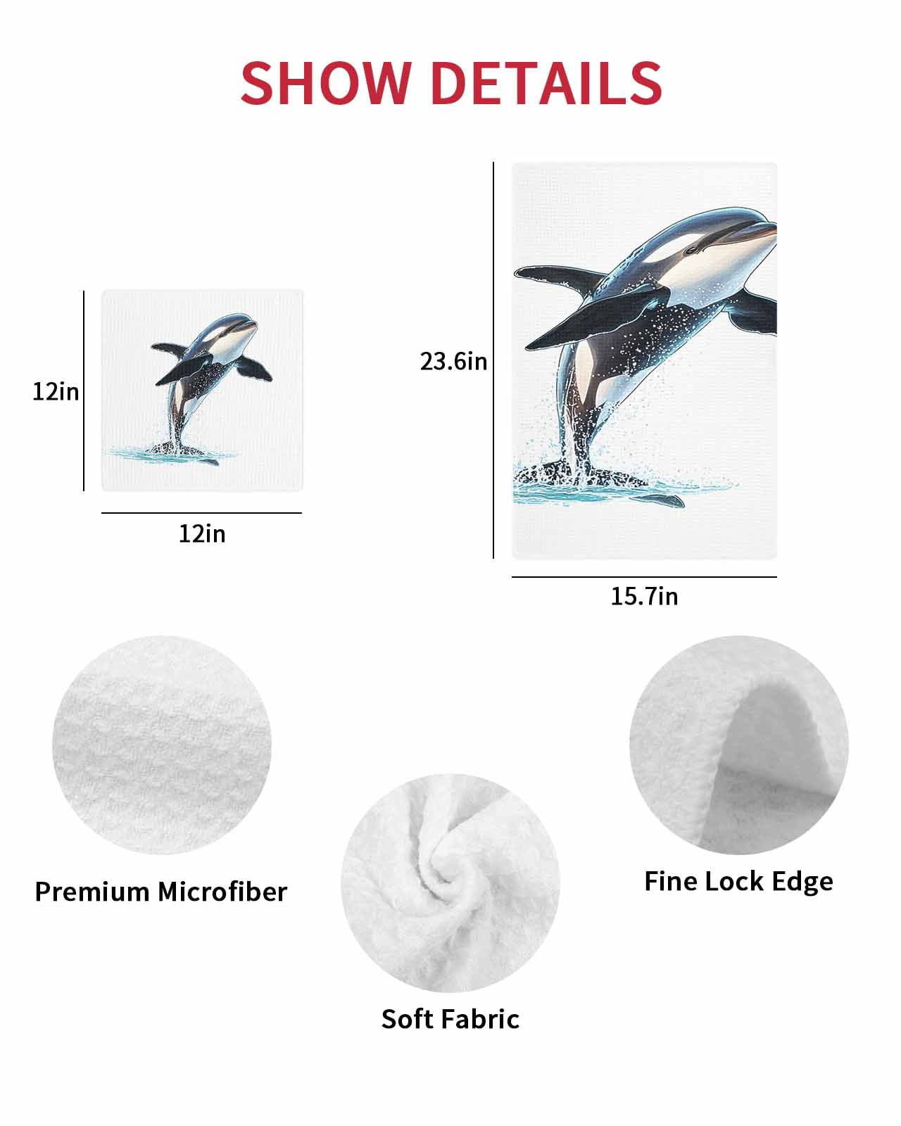 Cute Killer Whale Hand Towels Set, Waffle Weave Kitchen Towels 2 Pieces, Orca Animal Ocean Retro Artwork Microfiber Hair Face Bath Tea Towel Absorbent Quick Drying Cleaning Dish Cloths, 15.7"x23.6"