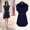 thumbnail image 4 of Ladies Summer Office Mini Dress V Neck Turn-Down Collar Chiffon Dress with Belt, 4 of 4
