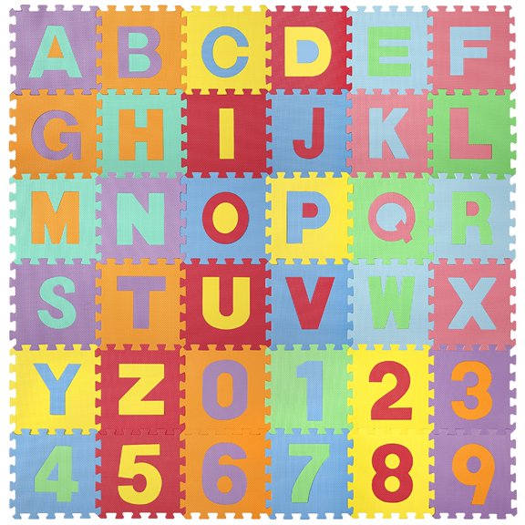 Easy Playhouse Soft Foam Floor Puzzle Tiles for Children, Non-toxic EVA 36 Interlocking Foam Tiles for Playroom, Nursery or Gym, Numbers and Letters
