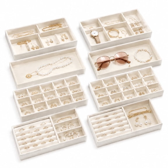 Jewelry Drawer Organizer, Soft Velvet Protective Jewelry Trays, Stackable Divided Storage Inserts, 8 Pcs Multi-Grid Jewelry Organizer Set for Earring Ring Necklace Display
