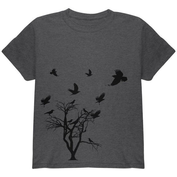 Crow Raven Flying Winter Tree Youth T Shirt Dark Heather YLG
