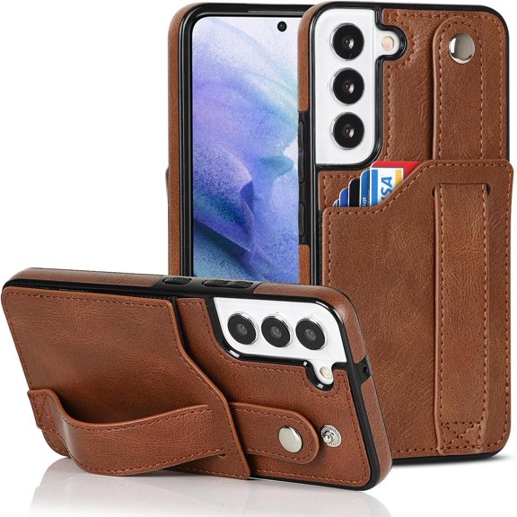 Deluxe Leather Trendy Wrist Strap Phone case Back Card Slot Protection Back Cover for Samsung Galaxy S23 Plus S20 S22 Ultra S21 FE 5G Anti-Vibration Bumper(Brown,S21 FE)