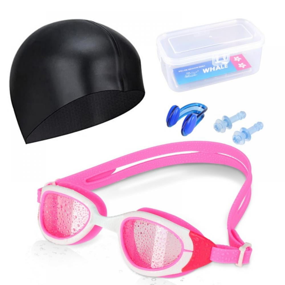 Set UV Anti-Fog Swimming Goggles Swim Cap Ear Plug Nose Clip for Adult Men Women 