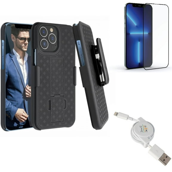 Screen Protector & USB Cable & Case Belt Clip for iPhone 13 Pro Max ONLY - Anti-Glare Tempered Glass Matte   Retractable Charger Power   Holster Swivel Cover Combo