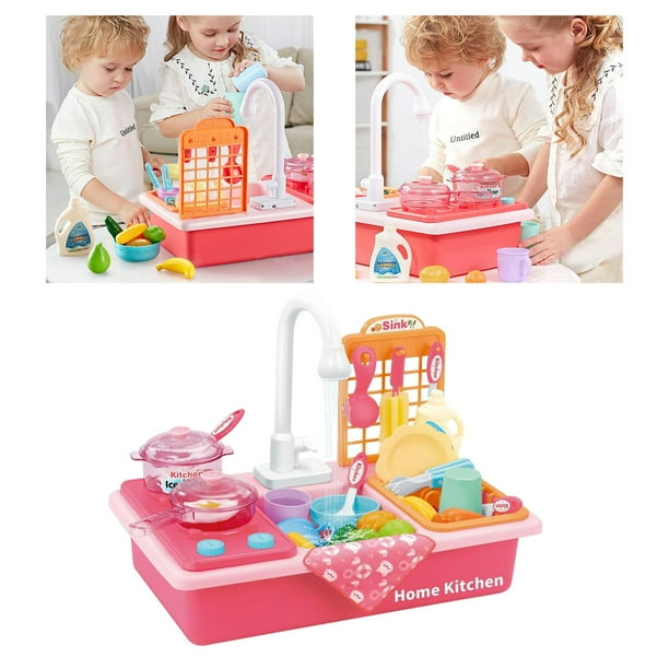 Juguetes de Cocina para , Lavavajillas Eléctrico de Simulación, Juguetes Educativos, Cocina, Comida, de Simulación, , Rosa 28 piezas Hugo cocina de juego para niños pequeños
