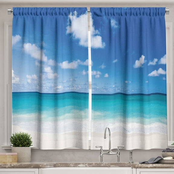 Ambesonne Ocean Kitchen Curtains, Barbados Coastline Summer, 55"x39", Blue Aqua Coconut