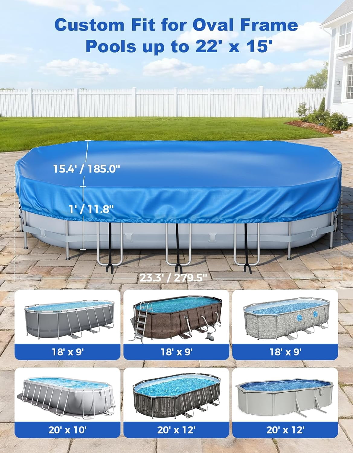 20’ x 12’ Oval Pool Cover for Above Ground Pools, Built-in Elastic & 8 Integrated Cords, Easy 20s Setup, Above Ground Swimming Pool Cover Fits 20’ x12’ & 18’x9’ Pools