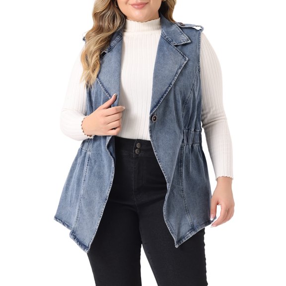 Agnes Orinda Plus Size Women's Denim Jacket Sleeveless Waistline Notched Lapel Button Denim Vests