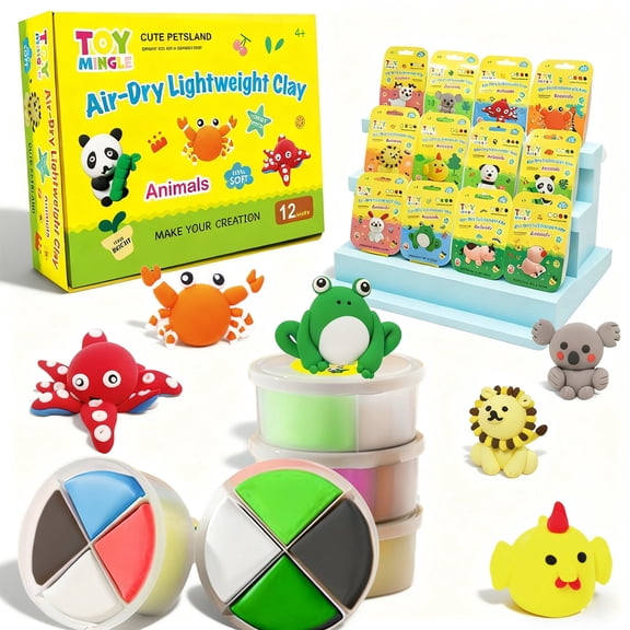 Toymingle 12-Pack Air-Dry Lightweight Clay Set - Animal Theme Modeling Art Kit, Non-Toxic Magic Dough with Sculpting Tools for Kids 4