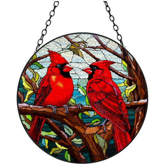 Red Cardinal on Tree Stained Glass Suncatcher Window Hangings Colored Handmade Glass Suncatcher Crafts Kits for Indoor Garden Christmas Decoration 16x16cm(2)