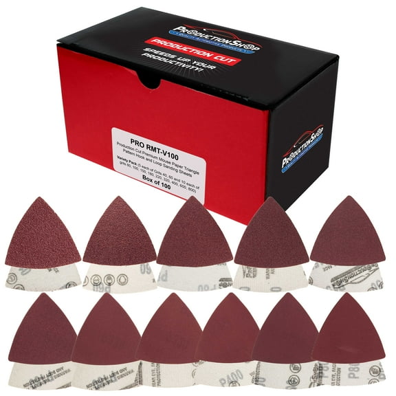 ProductionShop Premium Triangle Mouse Detail Sander Sandpaper Sheets, 100 Disc Variety Pack, Grits 40, 60, 80, 100, 150, 180, 220, 320, 400, 600, 800 - Hook & Loop Disc - Woodworking Furniture, Paint