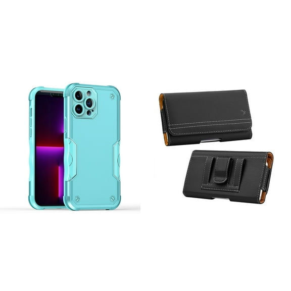 Case with Belt Holster Bundle for iPhone 14: Slim EX Hybrid Series Shockproof Case (Teal) and PU Leather Magnetic Phone Pouch
