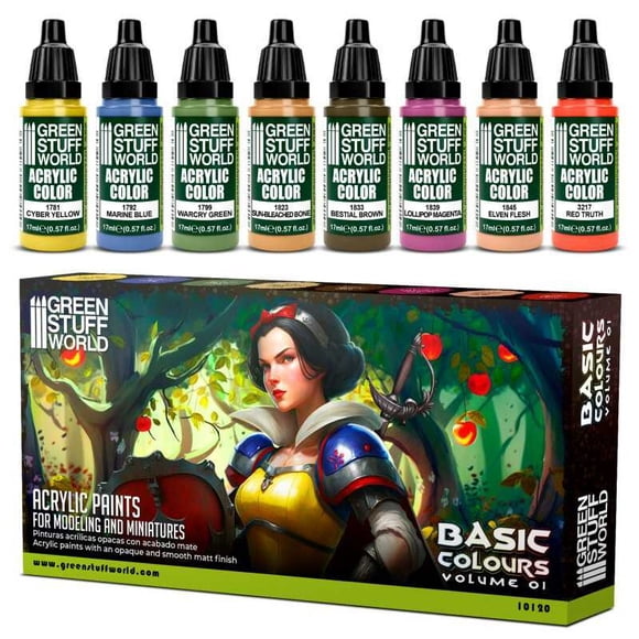 Green Stuff World Basic Colours Vol.1 Paint Kit,8 17ml Dropper Acrylics for Model Makers, Matte Base Pigments for Fantasy Scale Model Skin Armor DIY Craft