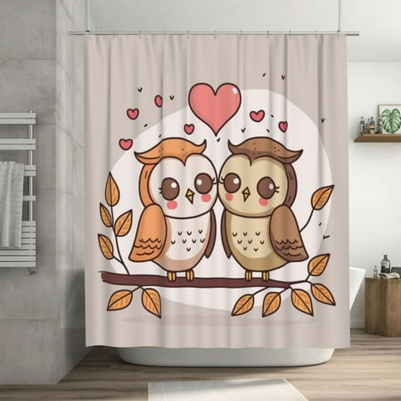 Romance Love Owl Pattern Shower Curtain, Cartoon Waterproof Bath Curtains for Bathroom Decorations, 72 x 72 inches