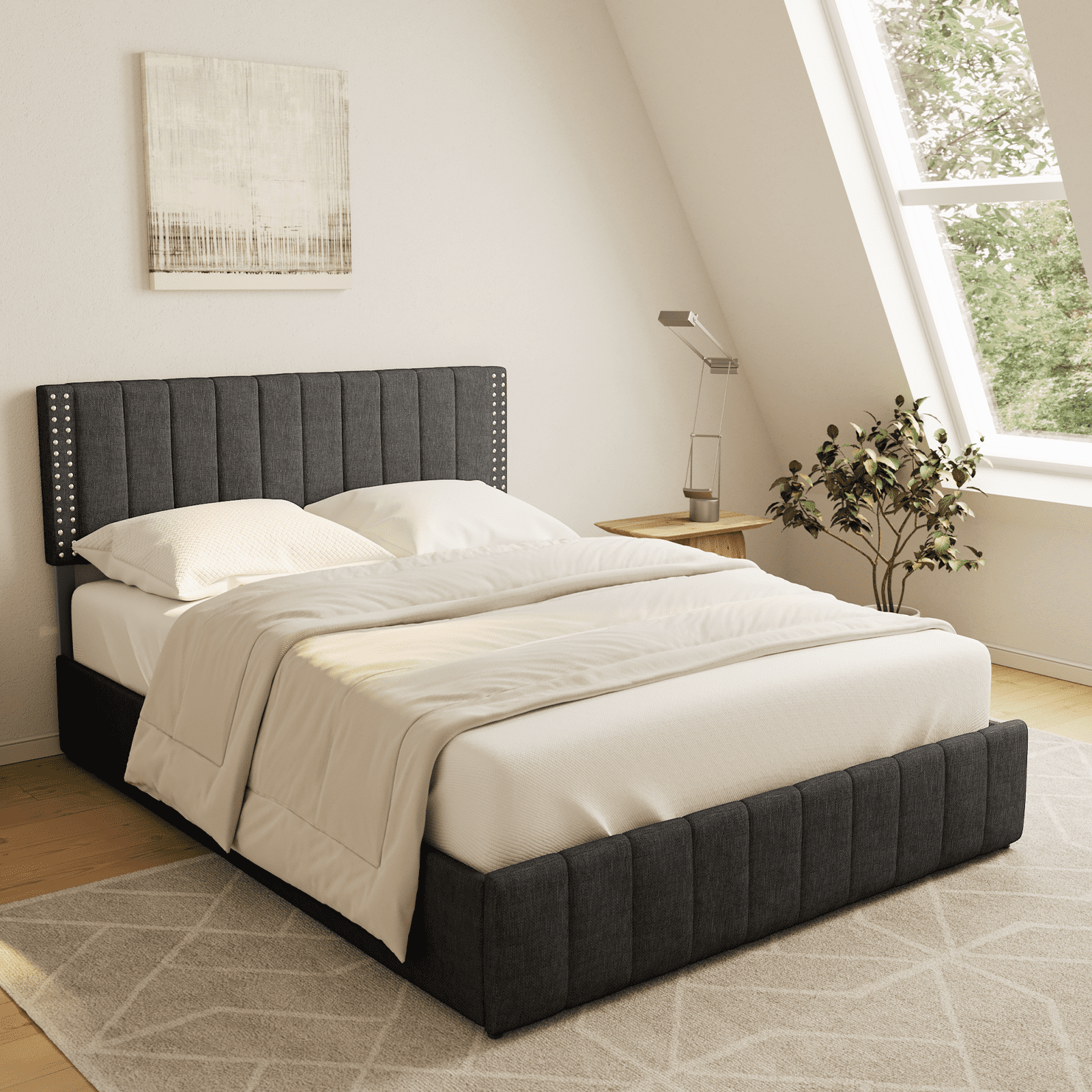Asofer Full Size Storage Bed Frame w/4 Wheels, Adjustable Headboard & Wood Slats, Dark Gray​
