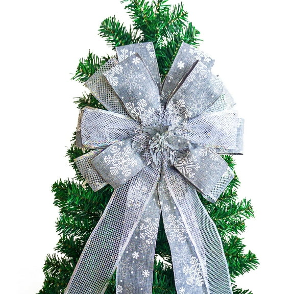 Christmas Tree Topper Bow Silver 53x13 Inch Xmas Flower Decor Indoor Outdoor