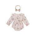 thumbnail image 2 of Gureui Baby Romper with Hairband, Girls Floral Print O-Neck Long Sleeve Bodysuit+ Headband, Green/White/Pink, 0-18 Months, 2 of 7