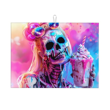 

Sigee Neon Skull With Milkshake for Dish Drying Mat for Kitchen Counter Premium Kitchen Drying Mat 18 x 24 Dish Drying Pad