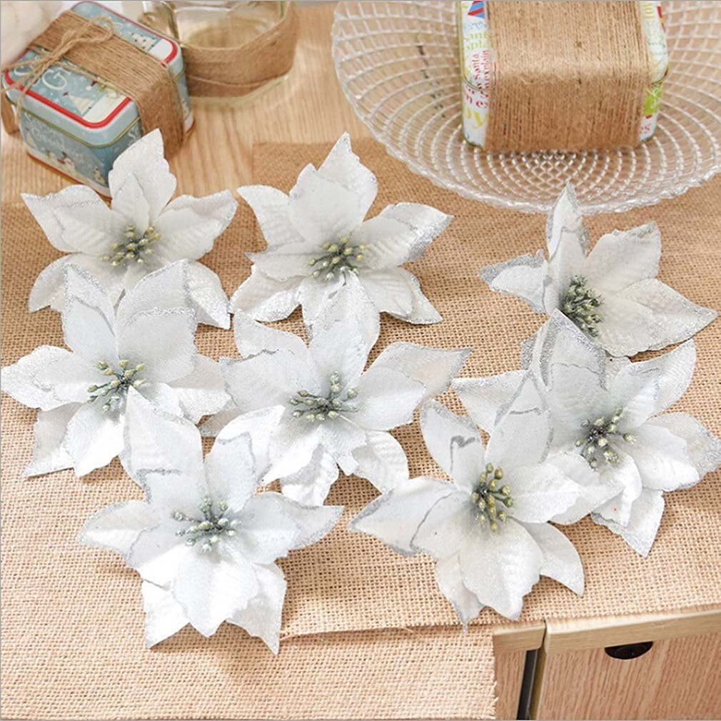 8 Pcs Christmas Decorations Glitter Poinsettia Flowers Artificial