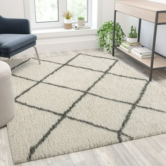 BizChair Shag Style Diamond Trellis Area Rug - 5' x 7' - Ivory/Gray Polyester (PET)