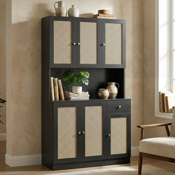 71" Pantry Cabinet, Tall Kitchen Pantry Cabinet with 6 Doors and 1 Drawers, Kitchen Hutch with Microwave Stand, Modern Kitchens Cupboard with Adjustable Shelves and Charge Holes