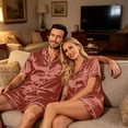 thumbnail image 6 of Garbnen Silk Matching Pajama Sets for Couples 2 Piece Short Sleeve Button Down Sleepwear Pjs Shorts Set Cozy Mens Loungewear Sets Brown XXL, 6 of 8