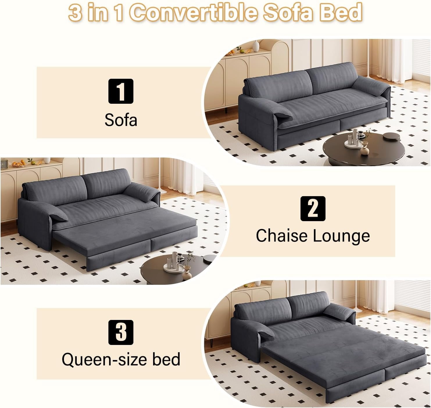 66" Queen Pull Out Sleeper Sofa, 3‑in‑1 Velvet Convertible Loveseat with Side Storage for Apartment Bedroom