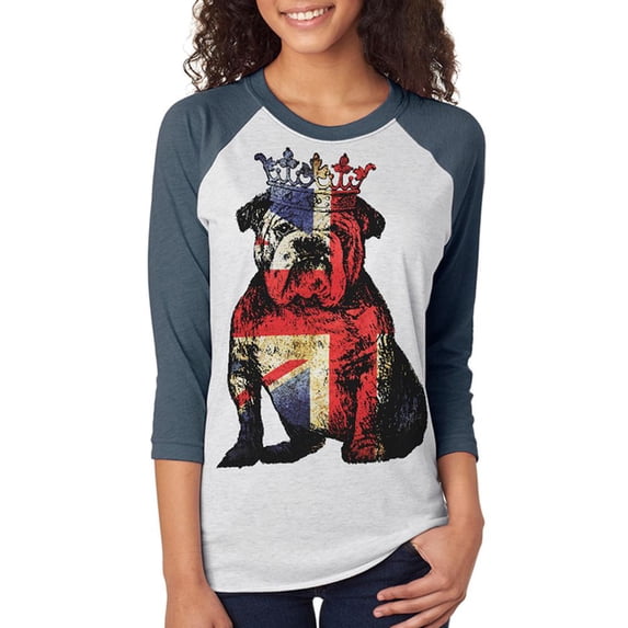 English British Bulldog Crown Grunge Flag Unisex Raglan T Shirt Indigo Heather-Heather White SM