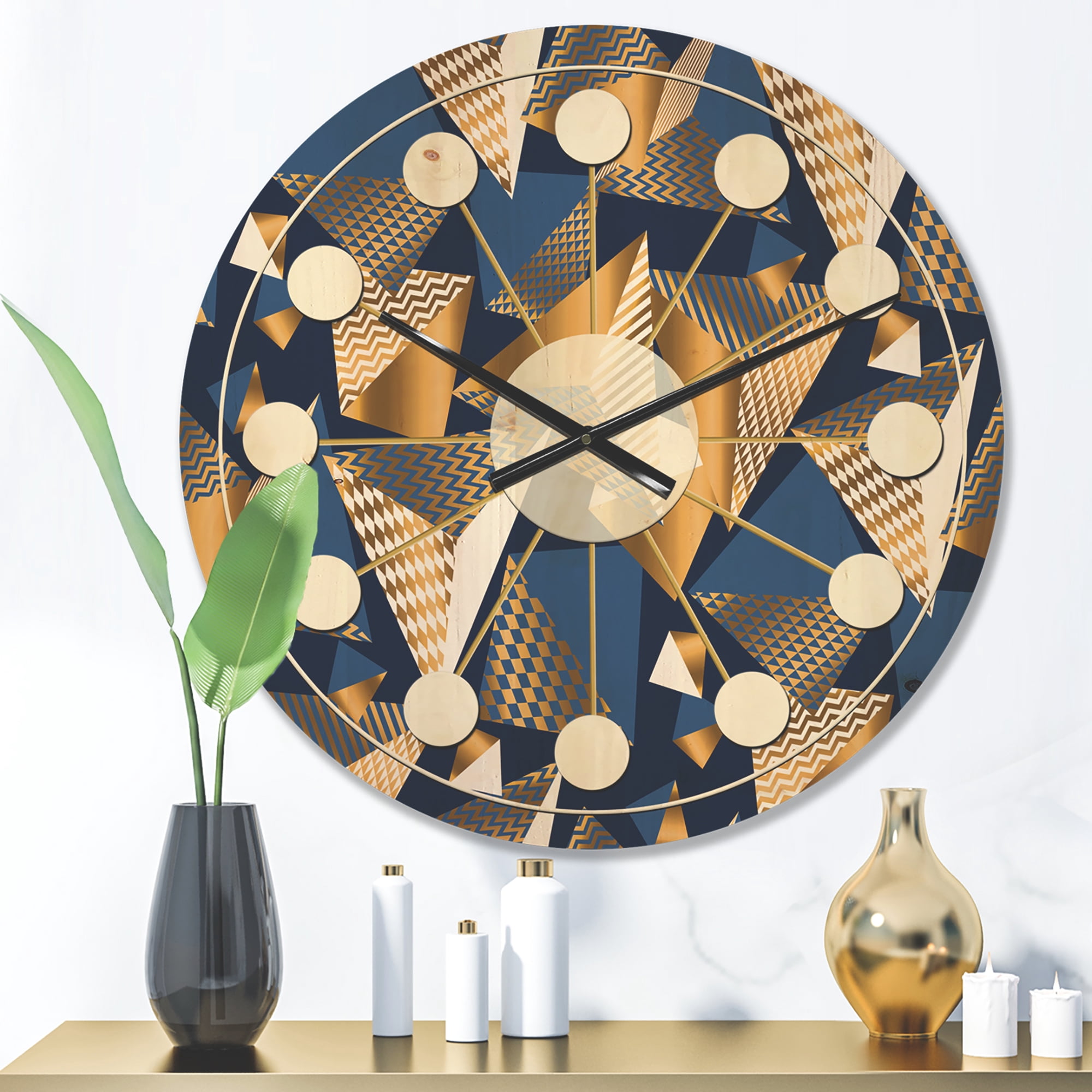 Designart 'Blue and Gold Cubes' Mid-Century Modern Wood Wall Clock
