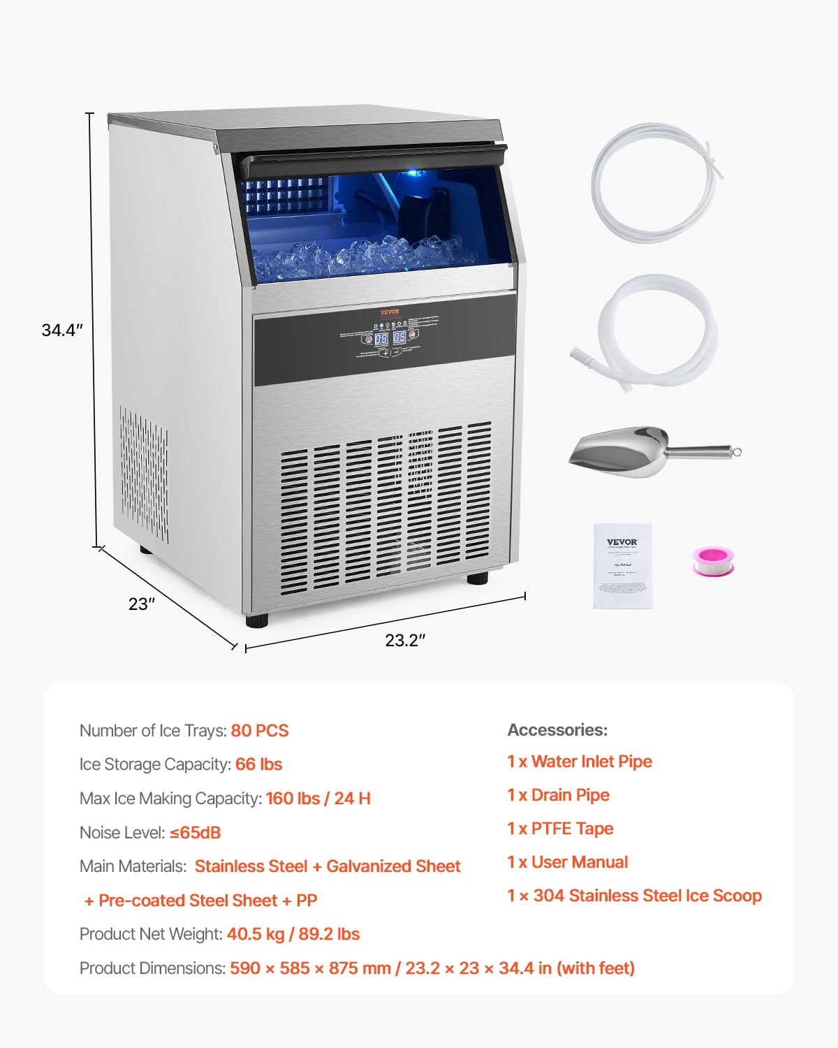 VEVOR Commercial Ice Maker Machine, 160lbs/24H Ice Maker Machine with 66lbs Storage Capacity, 80 Ice Cubes in 15 Minutes, LED Digital Display Freestanding Self-Cleaning