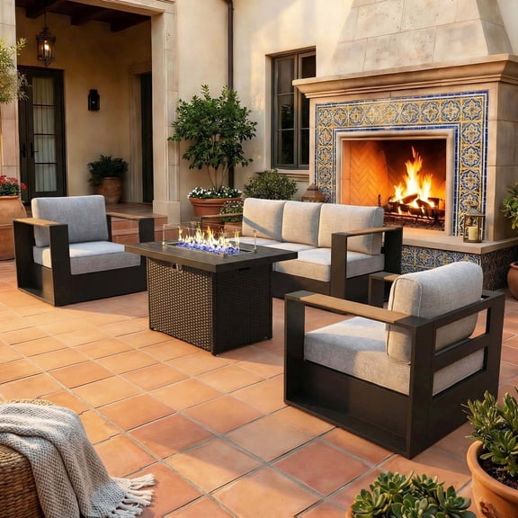 LayinSun 4 Pieces Aluminum Patio Furniture Set with Fire Pit Table, Oversized Outdoor Conversation Set 5 Seats with 6" Thick Cushions for Outside Porch, Balcony, Deck