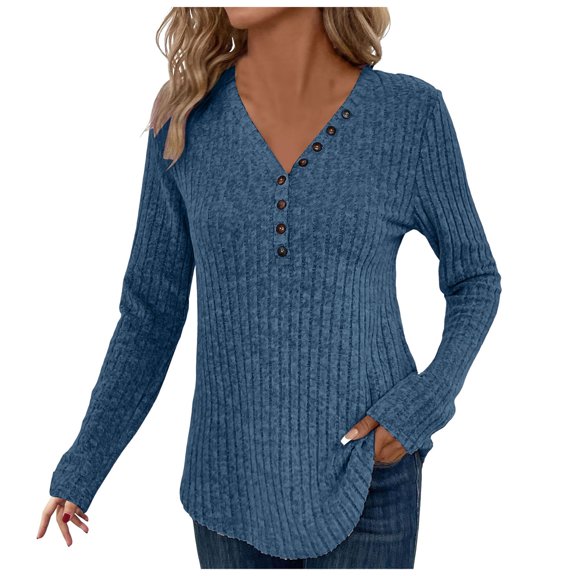 larppty Women's Pullover Lightweight Sweaters, Long Sleeve V Neck Ribbed Knit Shirts Casual Button Blouses Tunic Tops 2025 Fall Fashion (Blue, S)