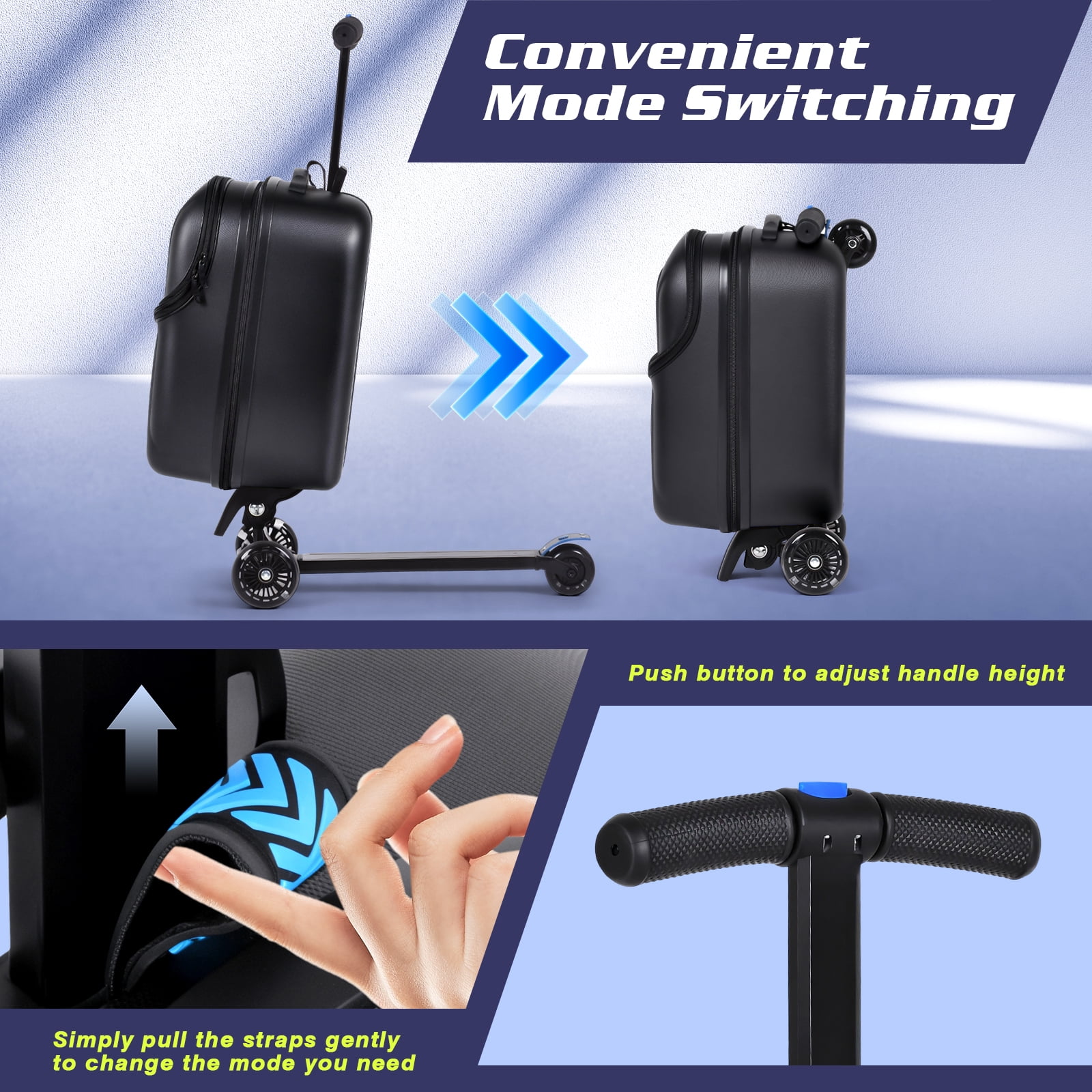 Advwin Scooter Suitcase with Top Opening & LED Light-up Wheel, Lightweight Hardshell Foldable Ride-On Luggage with Adjustable Handle for Travel, Black
