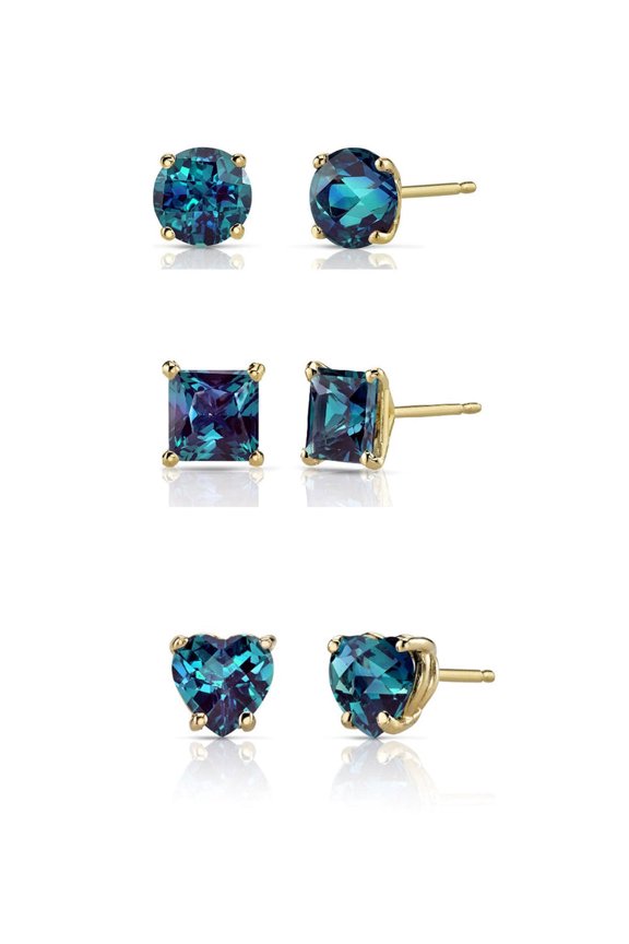 18k Yellow Gold Created Alexandrite 3 Pair Round, Square And Heart Stud Earrings Plated 4mm
