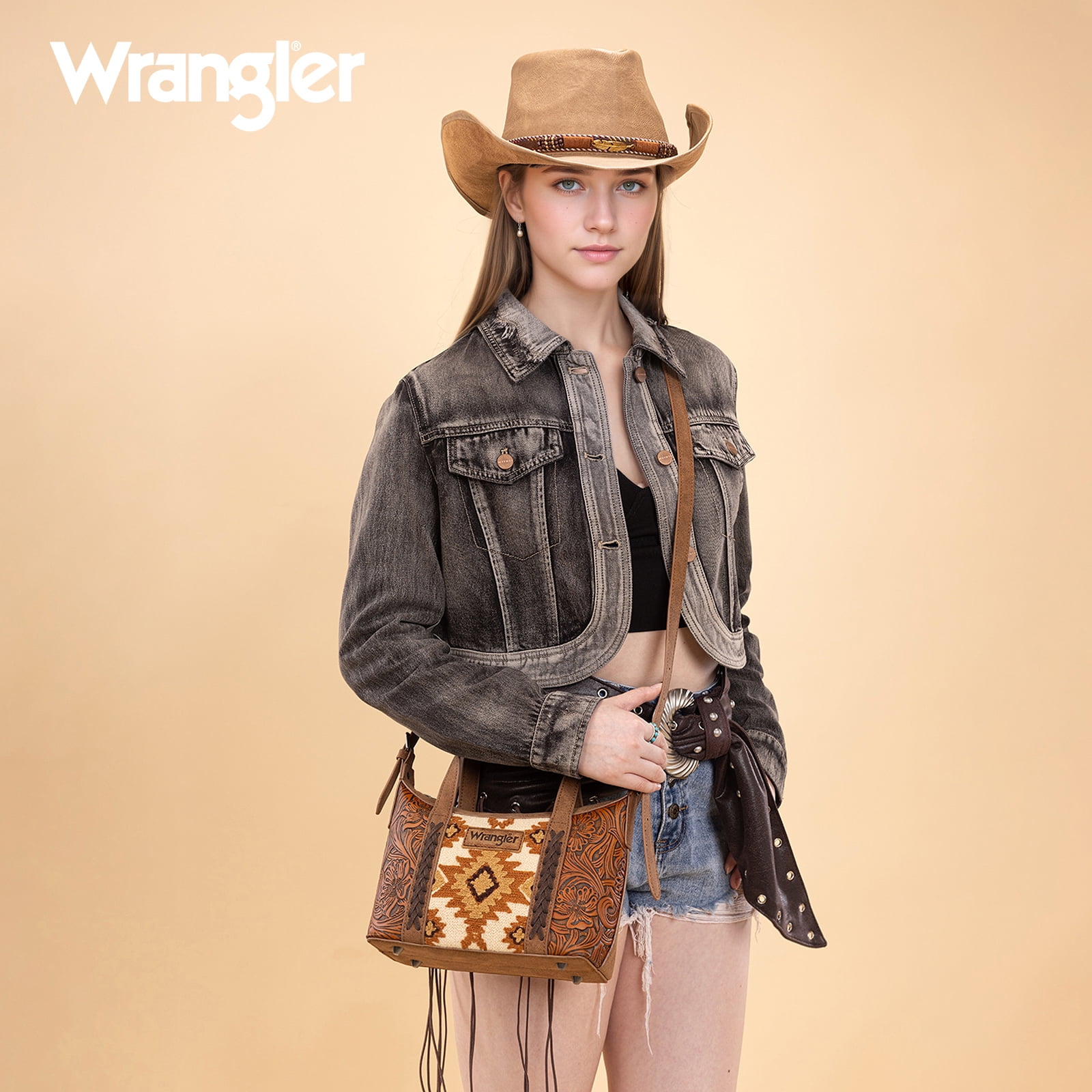 Wrangler Tooled Aztec Small Crossbody Handbag for Women Stylish Handle Bag Designer Top-Handle Crossbody Bags, Brown