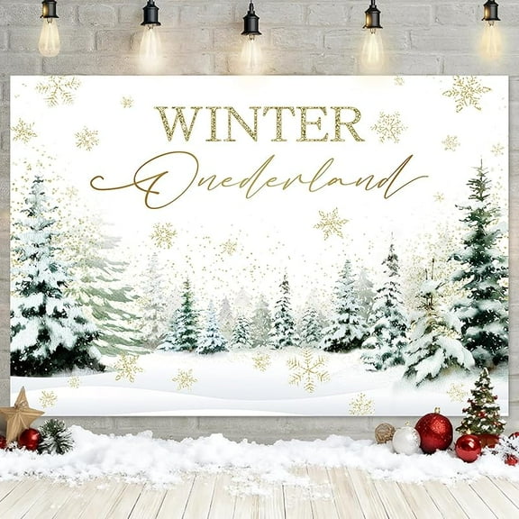 Winter Onederland Backdrop Winter Happy 1st Birthday Photography Background Onederland Gold Snowflakes Pine Forest Birthday Party Decorations Banner Photo Booth Props