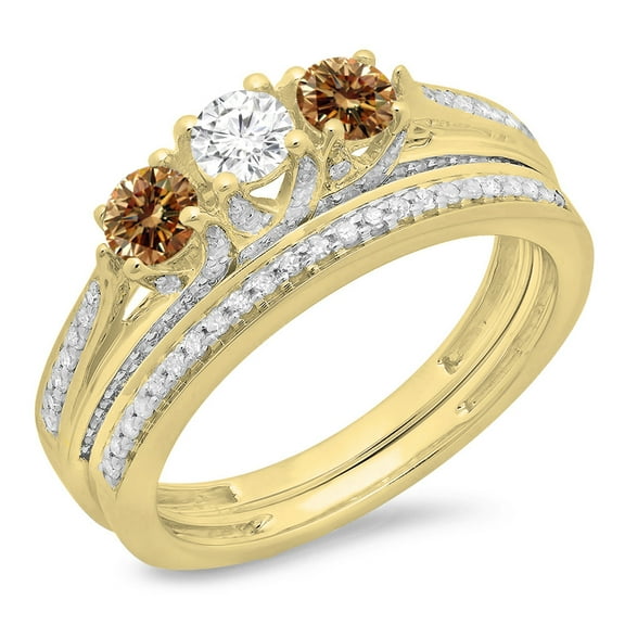 Dazzlingrock Collection 1.00 Carat (ctw) 14K Champagne And White Diamond 3 Stone Engagement Ring Set 1 CT, Yellow Gold, Size 4