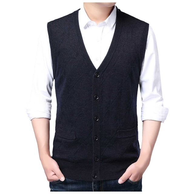Men's Sweater Vest for Autumn and Winter - Buckle Knit Vest with V-Neck Pure Color Wool Collarless Sleeveless Layering Top Classic Non-Hooded Design for Men