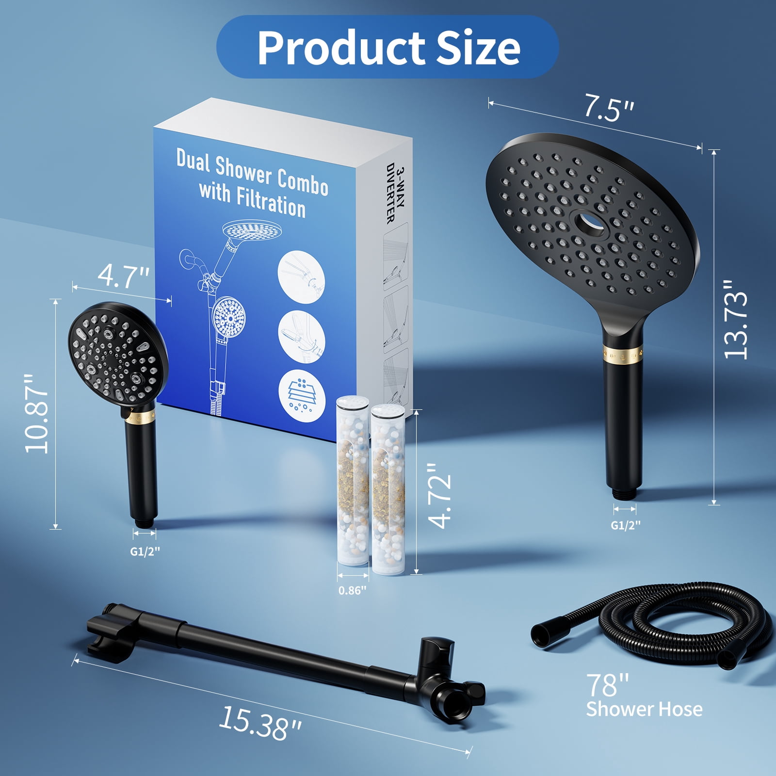 KAIYING Filtered Dual Shower Head System, 9-Mode Rain and Handheld Spray Combo with Adjustable Extension Arm, Mate Black