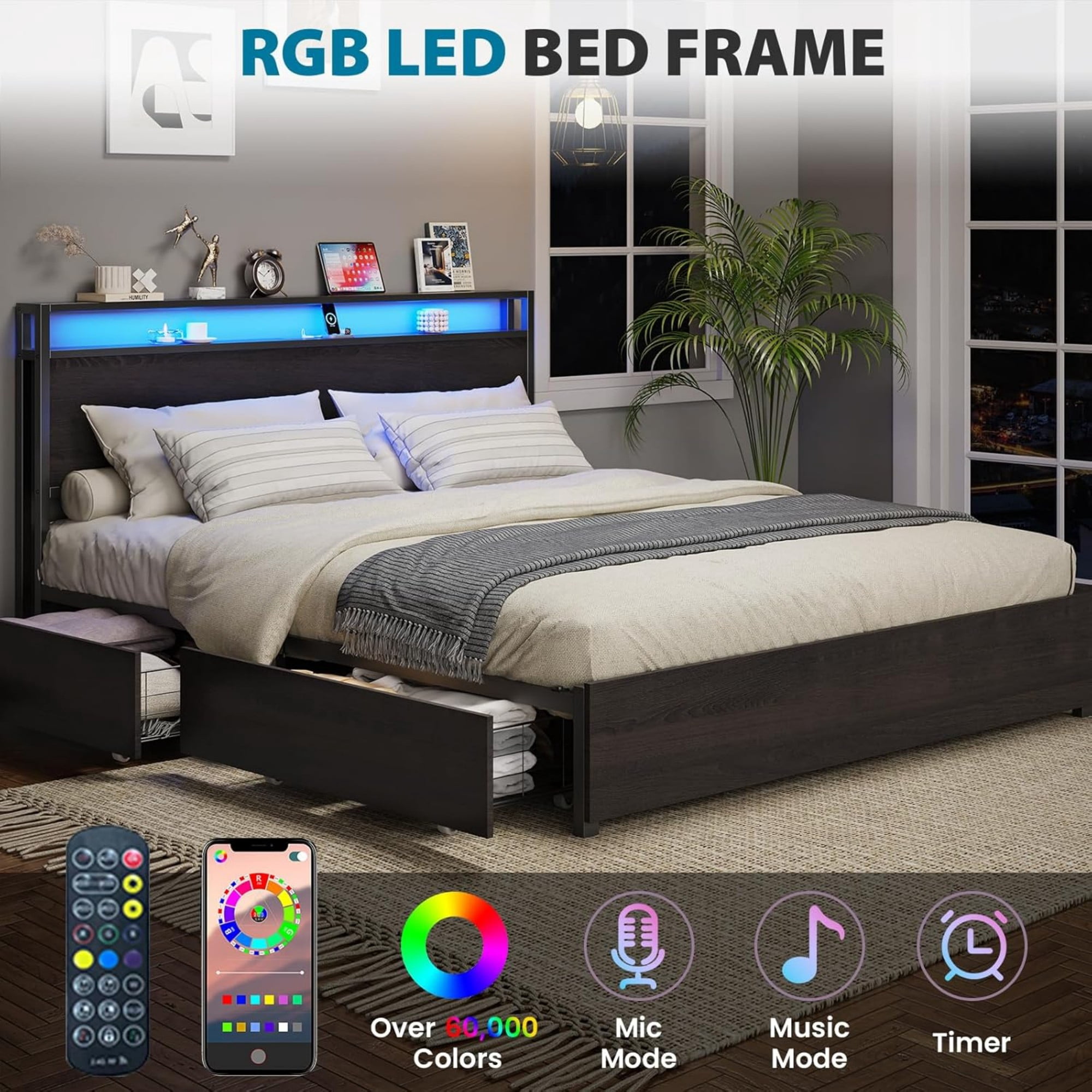 AENKYO King Size Bed Frame with LED Lights, Storage Headboard & 4 Drawers, Built-in Charging Station, Antique Black