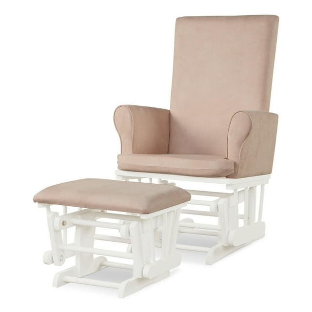 Gymax Glider and Ottoman Cushion Set Wooden Baby Nursery Rocking Chair in pink with a white wooden frame. The set includes a high-back glider with padded armrests and a matching ottoman, both featuring soft microfiber fabric upholstery. Designed with ergonomic support, the glider offers a smooth rocking motion with ball bearings. The seat cushion cover is detachable with a zipper for easy cleaning. Suitable for nursing, relaxing, or reading, this sturdy set is made of rubber wood, bentwood, and MDF, with a weight capacity of 400 lbs for the glider and 375 lbs for the ottoman.