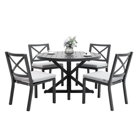 5 Pieces Outdoor Patio Dining Set for 4, 47" Round Dining Table with 4 Chairs Aluminum Furniture Set, Gray