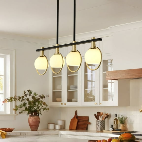 Modern Black and Gold Chandelier - Adjustable 4-Light Rectangular Pendant with Milk Glass Shades