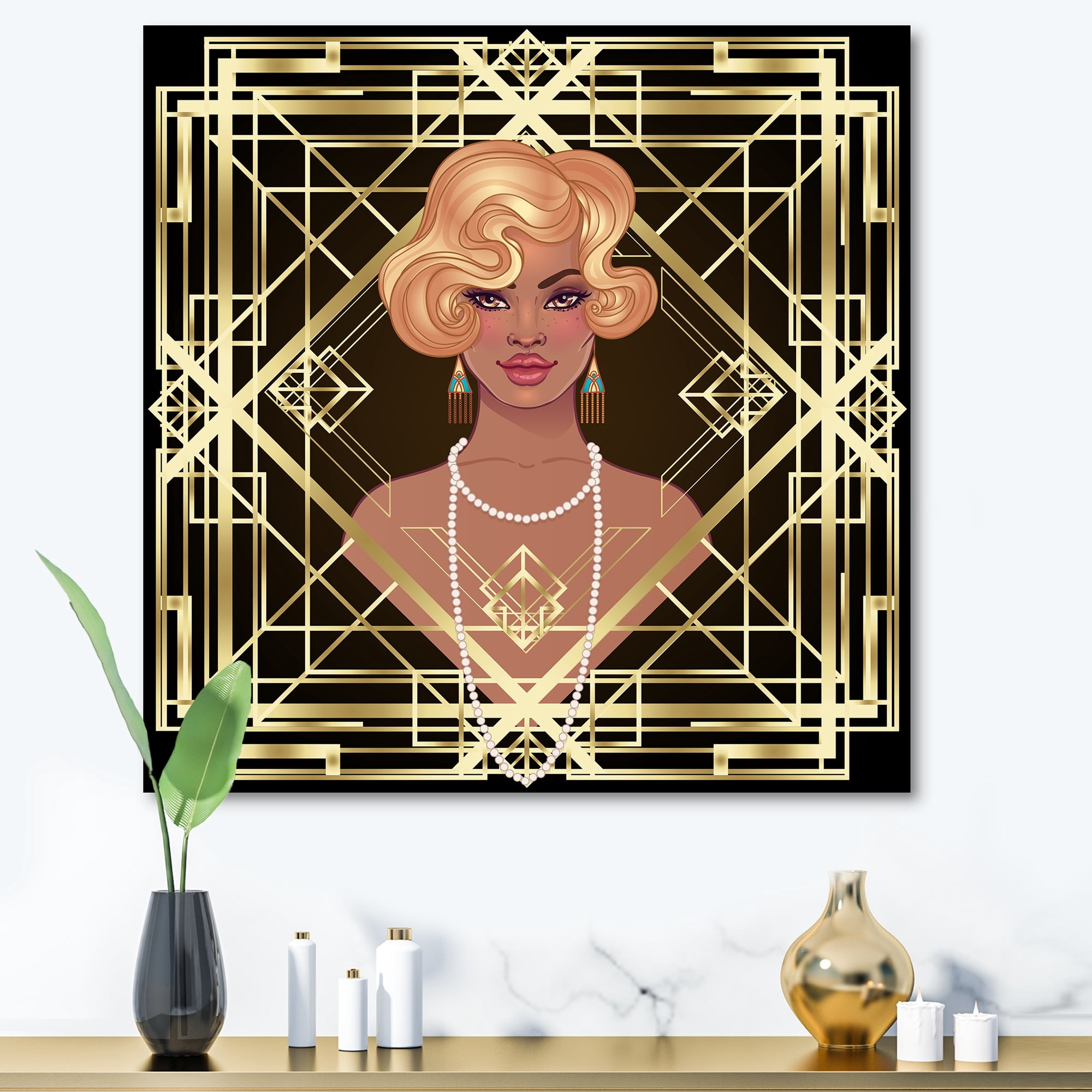 Designart ' Retro Girl In Golden Art Deco Geometrics III ' Modern Canvas Wall Art Print