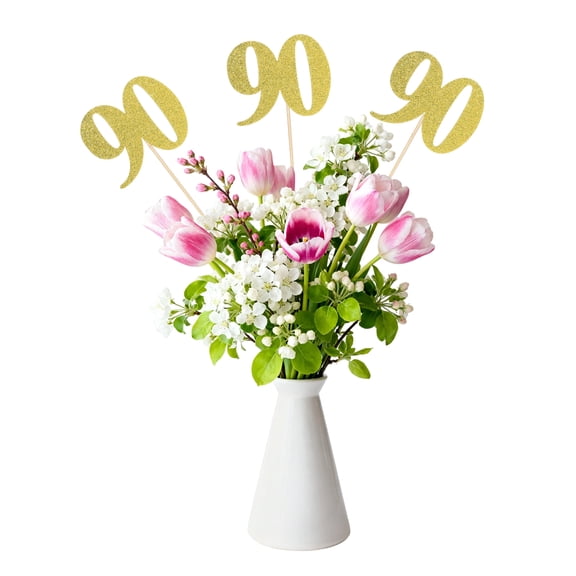 Uxcell 12Pcs 90th Birthday Centerpiece Sticks, Glitter Cupcake Picks Glitter Cupcake Toppers Number Cake Toppers for Birthday Party Anniversary Decoration, Gold