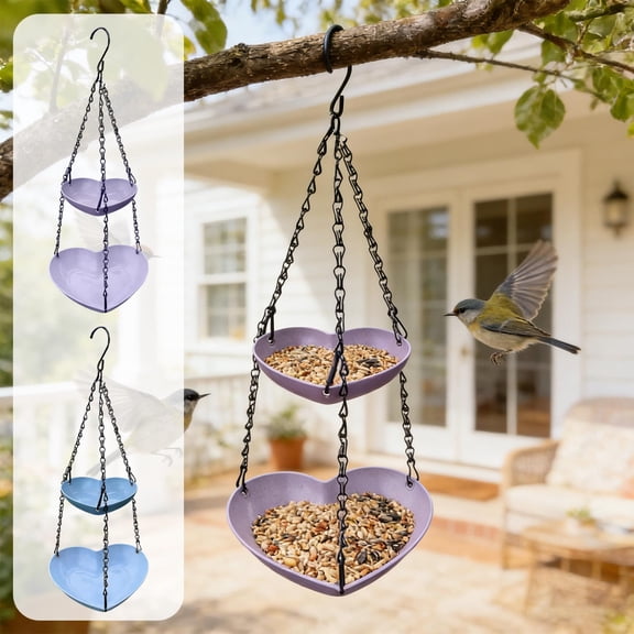Outdoor Hanging Bird Feeder with Water Basin - Double Layer Plastic Bird Feeder for Garden and Backyard - Easy Install Wild Bird Feeding Station with Chain