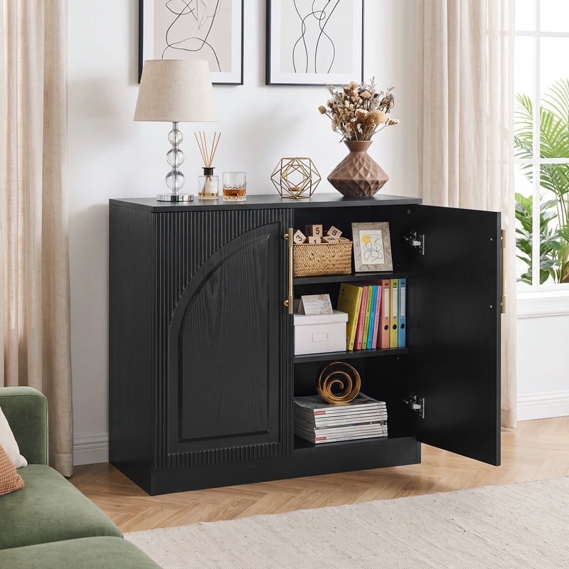 Modern Buffet Cabinet with 2-Door, Freestanding Fluted Bar Storage Cabinet, Small Sideboard Credenza with Adjustable Shelving