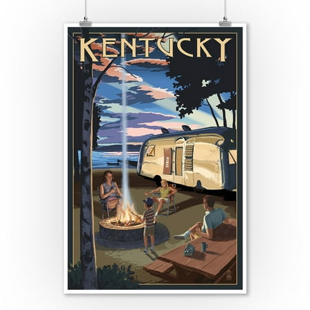 Lake Wall Decor Kentucky - Retro Camper & Lake - Lantern Press Artwork (9x12 Art Print, Wall Decor Travel Poster) ()