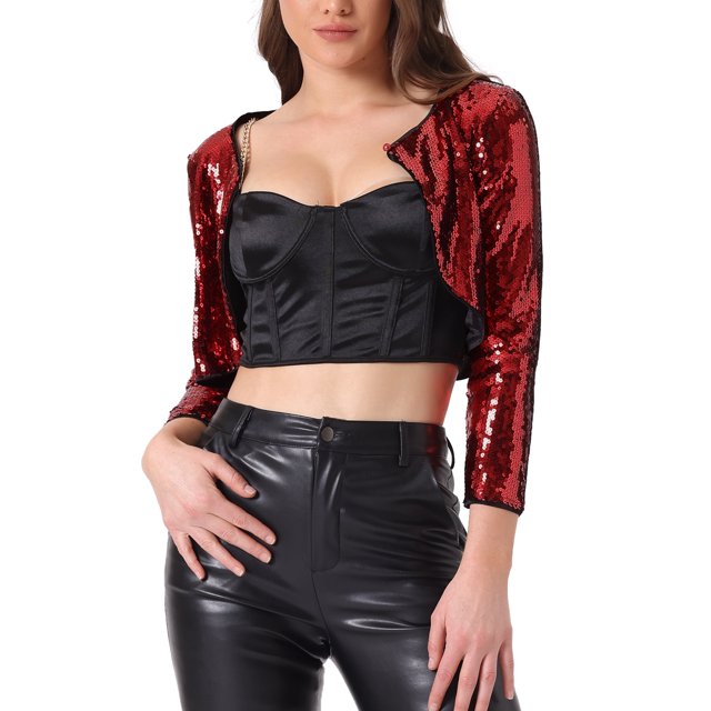 Chaqueta de lentejuelas de INSPIRE CHIC para mujer, brillante, de fiesta, de manga larga, abierta, corta, tipo shrug, bolero, talla 1 L